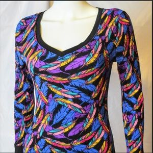 ☀multicolor feathers v-neck waffle thermal S